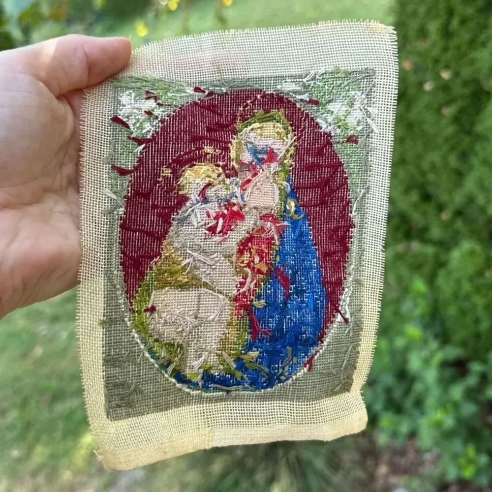 Vintage Unframed Hand-Stitched Needlepoint Virgin Mary Madonna & Child